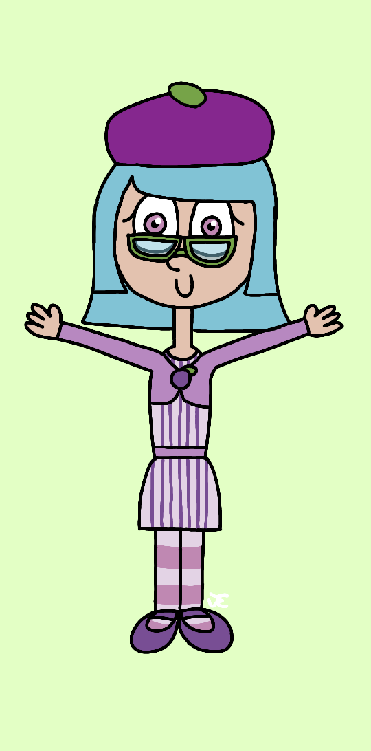 A drawing of Plum Pudding. She is female, and she has pale skin, mauve eyes, and neck-length blue hair. She has a single eyelash that curves downward on each eye. She is wearing a lavender dress with purple stripes, a purple cardigan with a plum decoration on it, lavender and mauve striped tights, purple flats, a green pair of glasses, and a purple beret with a decoration resembling a leaf on top.
